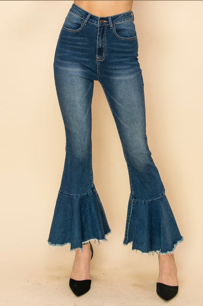 Western Ruffle Bell Bottom Denim Jeans