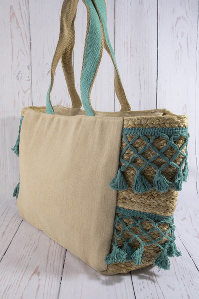 Embroidered Jute Fringe Tote Bag