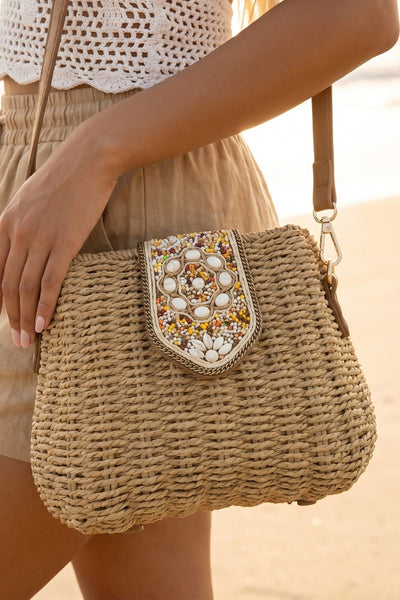 Beaded Straw Crossbody Bag