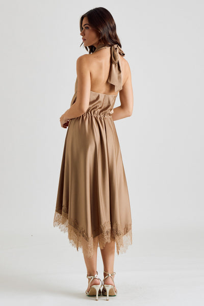Halter Cowl Neck Lace Midi Dress