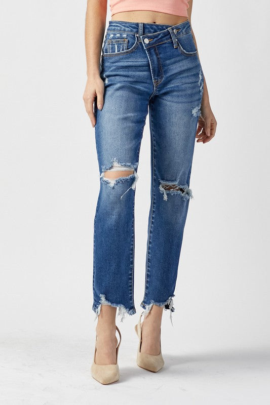Crossover Distressed Girlfriend Jeans