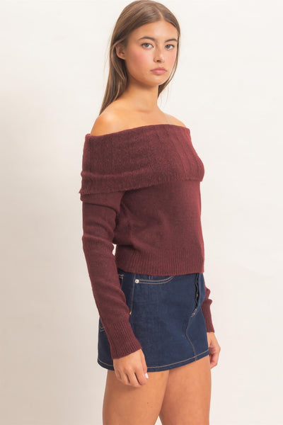 Burgundy Off The Shoulder Sweater Top
