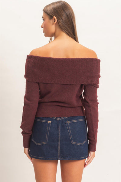 Burgundy Off The Shoulder Sweater Top