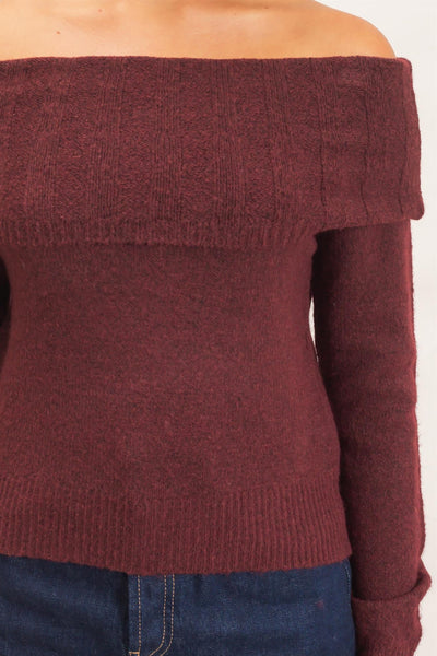 Burgundy Off The Shoulder Sweater Top