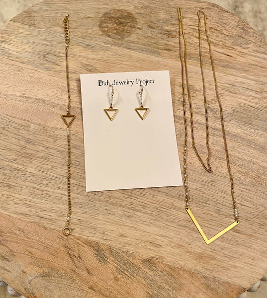 Pearl Brass Necklace, Bracelet, Earring Set